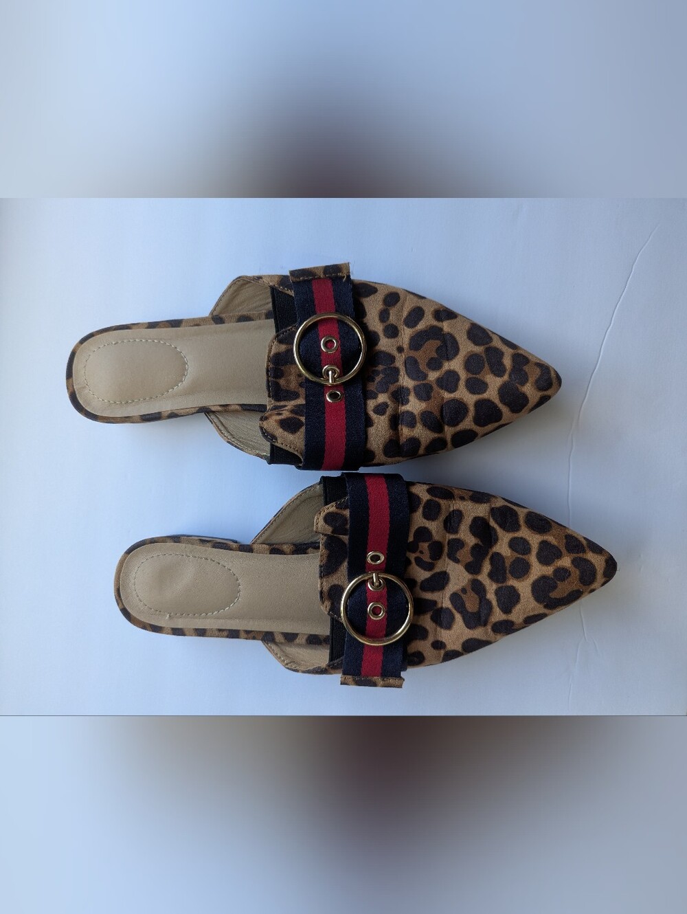 Leopard Print Pointed-Toe Slip-On Mules with Buckle Strap - Tan/Black/Red/Navy